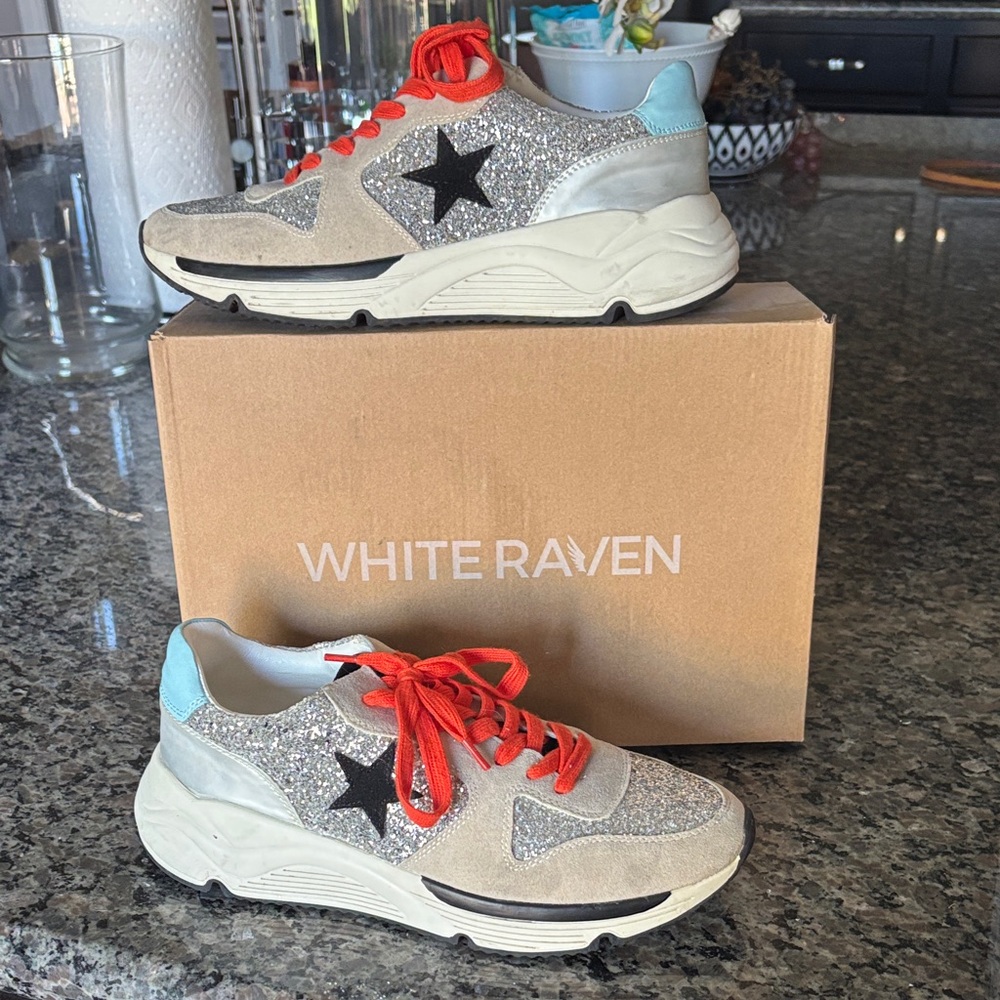 White Raven Glitter Sneakers with Orange Laces